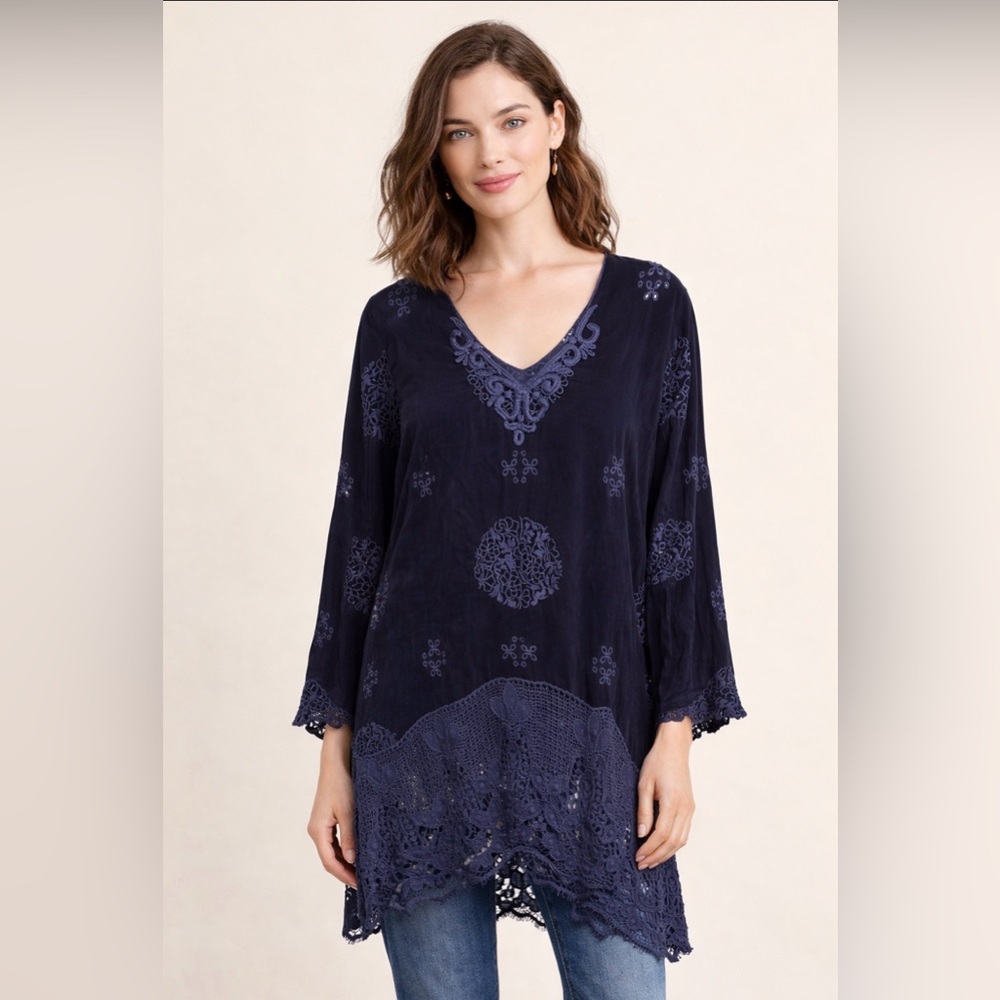 Johnny Was Navy Embroidered V-Neck Tunic